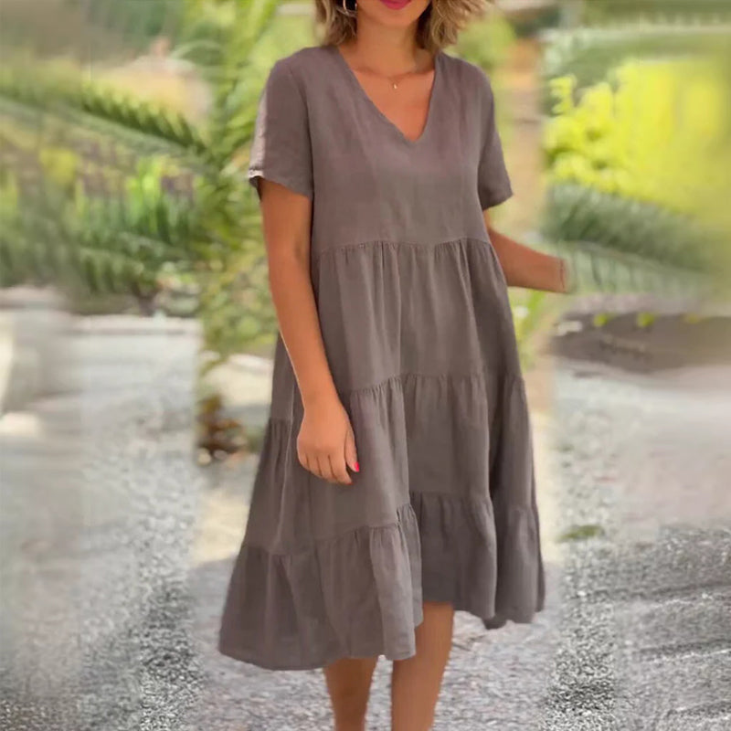 Cotton linen v-neck solid color dress