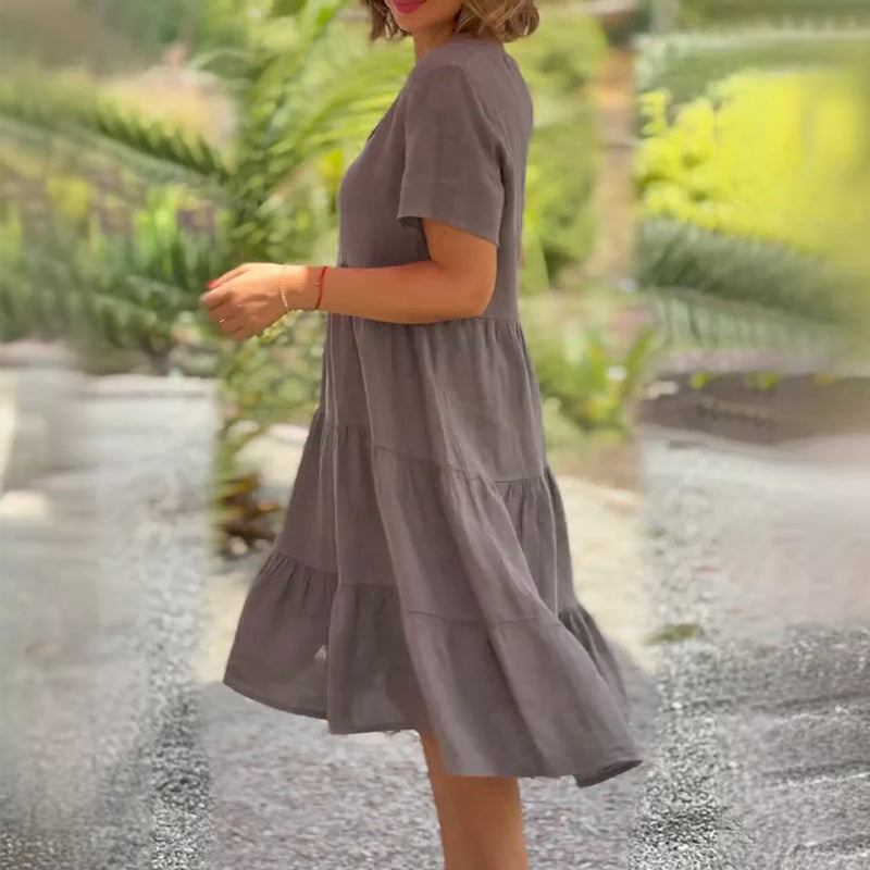 Cotton linen v-neck solid color dress