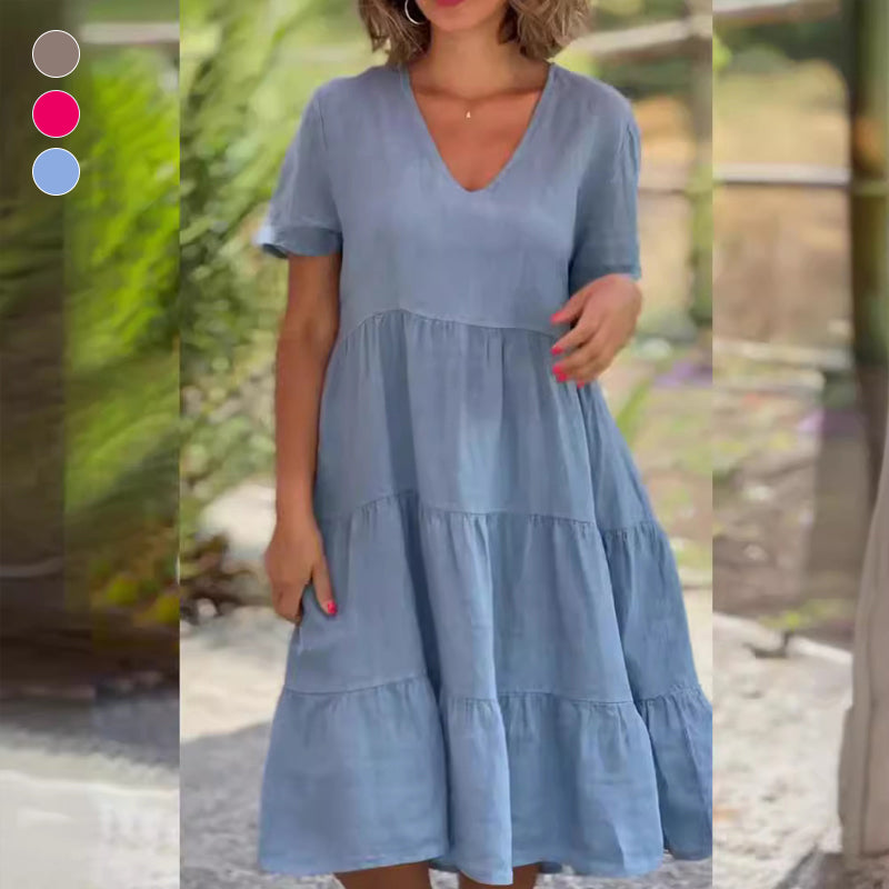 Cotton linen v-neck solid color dress