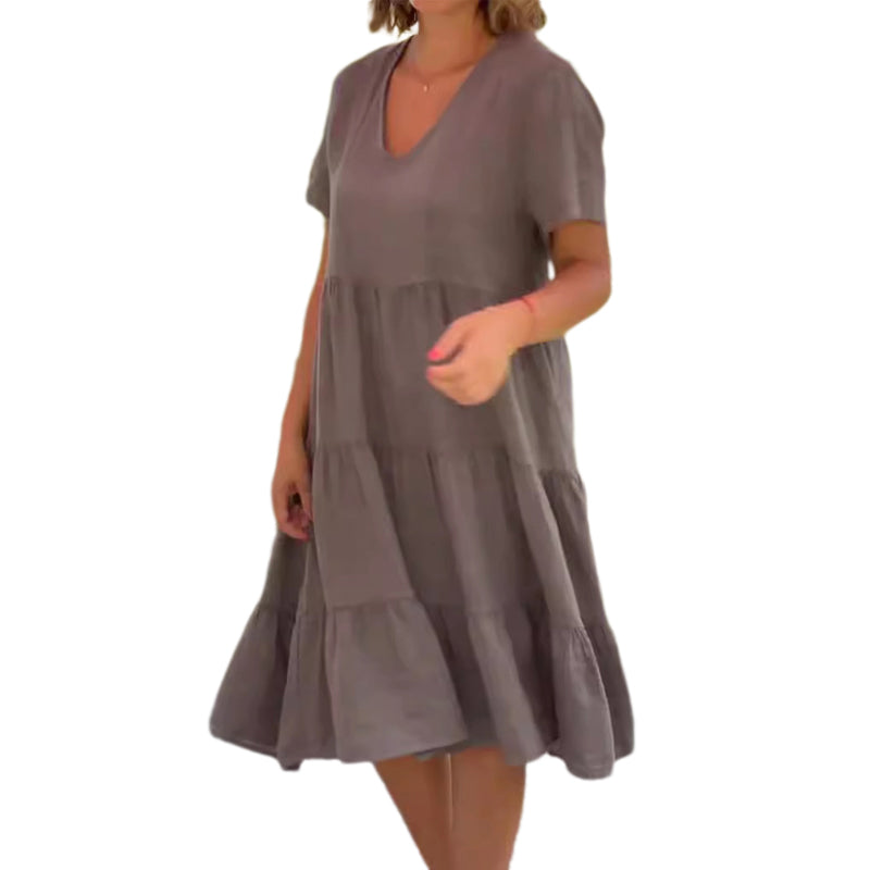 Cotton linen v-neck solid color dress